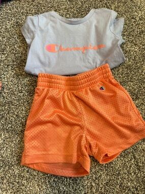 Champion Light Gray Tee with Orange Mesh Athletic Shorts